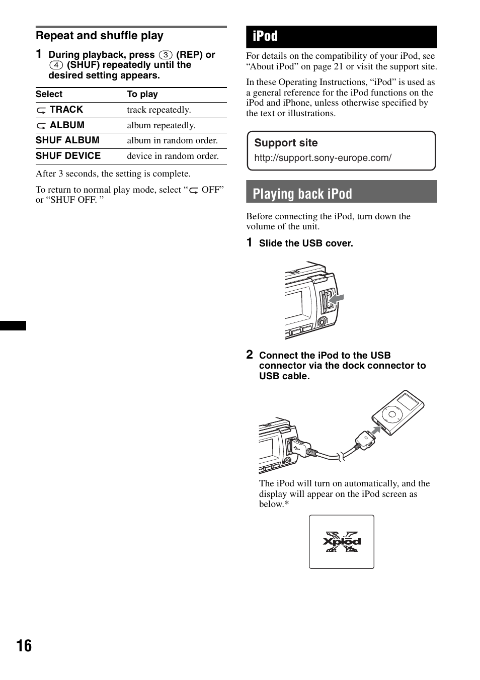 Repeat and shuffle play, Ipod, Playing back ipod | Sony CDX-GT640UI User Manual | Page 16 / 140