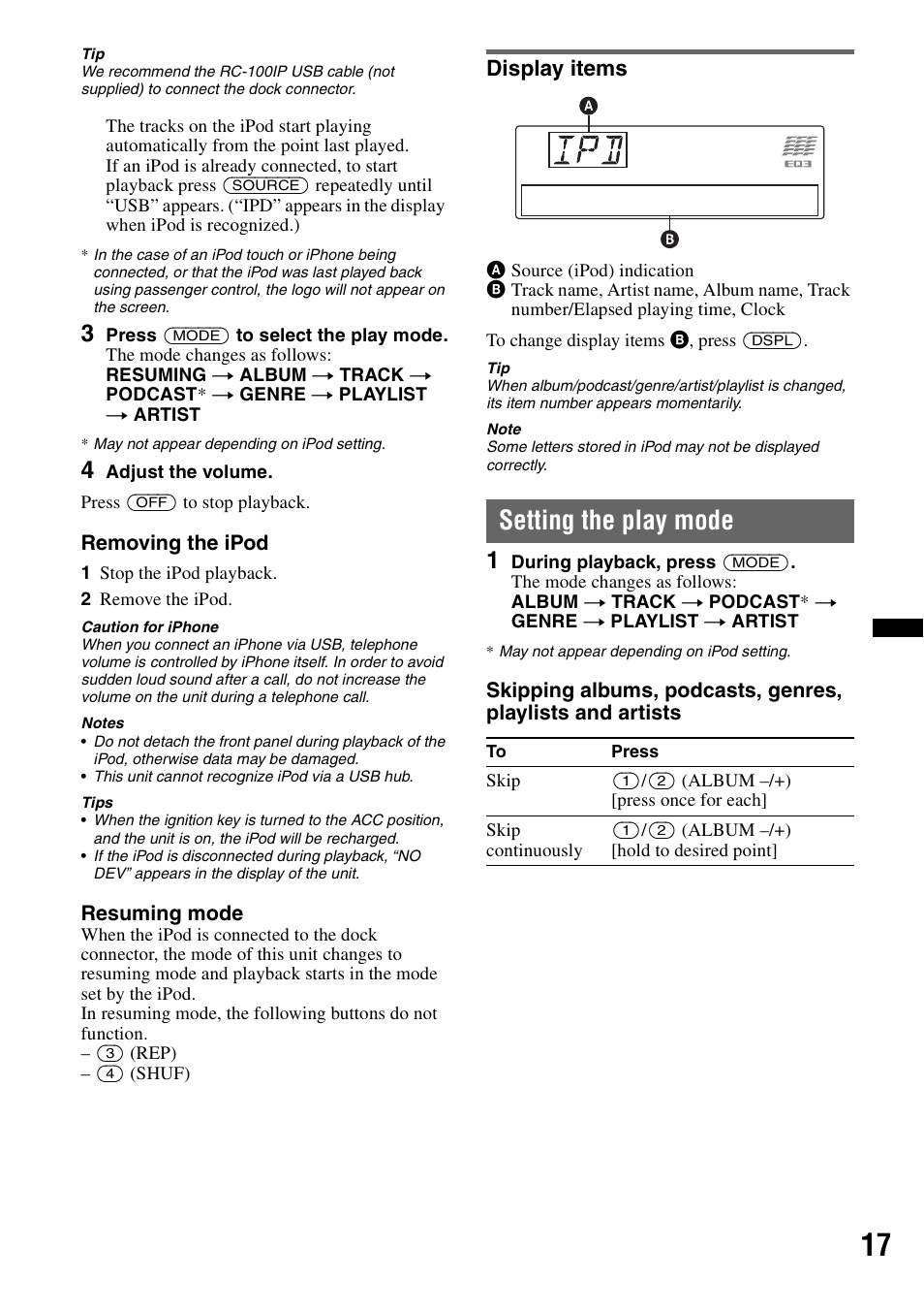 Display items, Setting the play mode | Sony CDX-GT640UI User Manual | Page 17 / 140