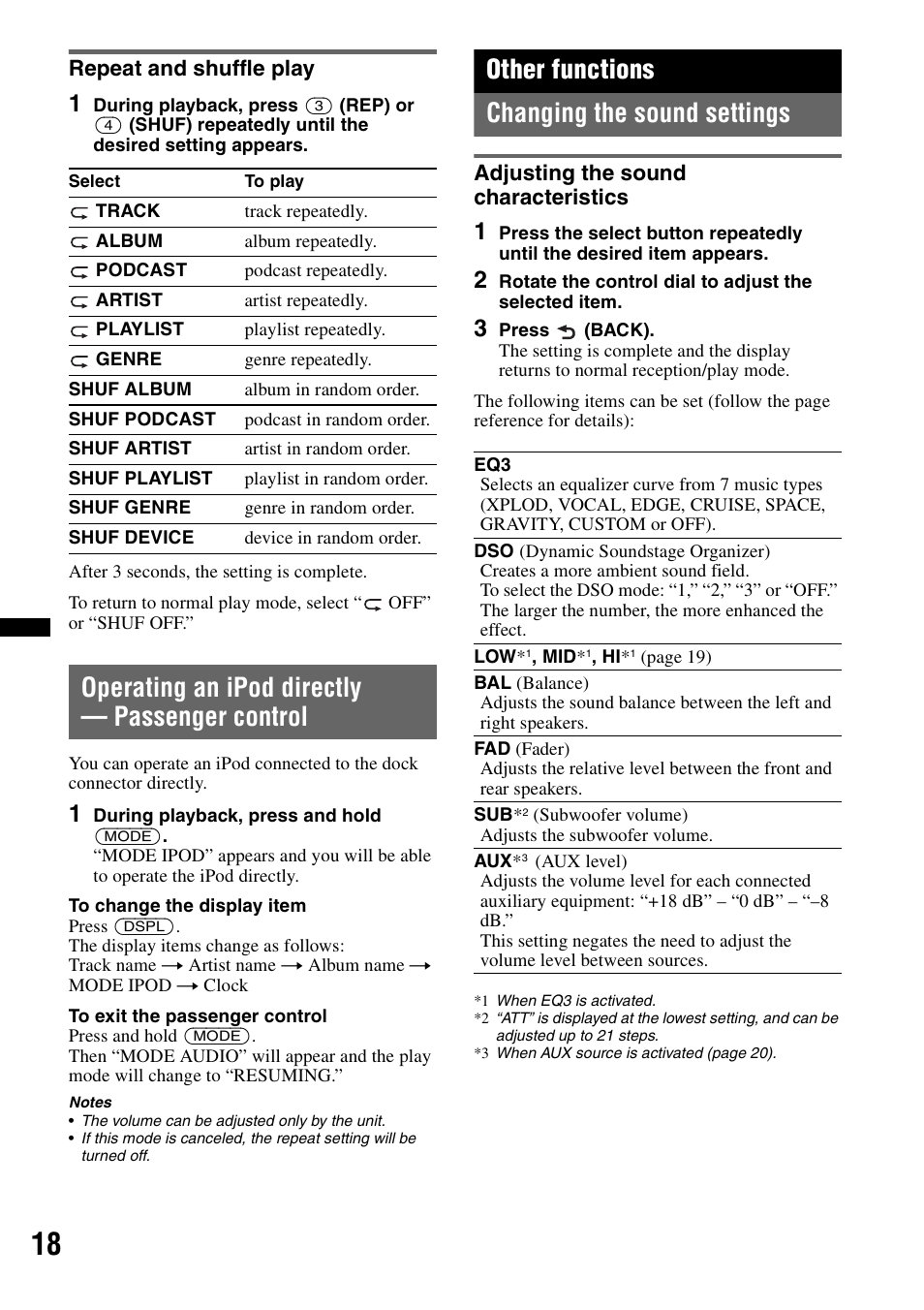 Repeat and shuffle play, Operating an ipod directly - passenger control, Other functions | Changing the sound settings, Adjusting the sound characteristics, Operating an ipod directly — passenger control, Other functions changing the sound settings | Sony CDX-GT640UI User Manual | Page 18 / 140