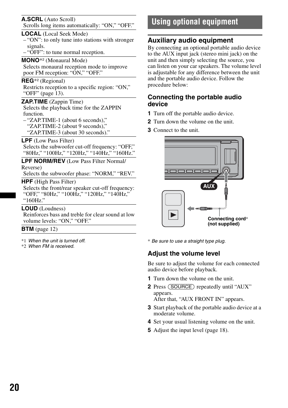 Using optional equipment, Auxiliary audio equipment | Sony CDX-GT640UI User Manual | Page 20 / 140