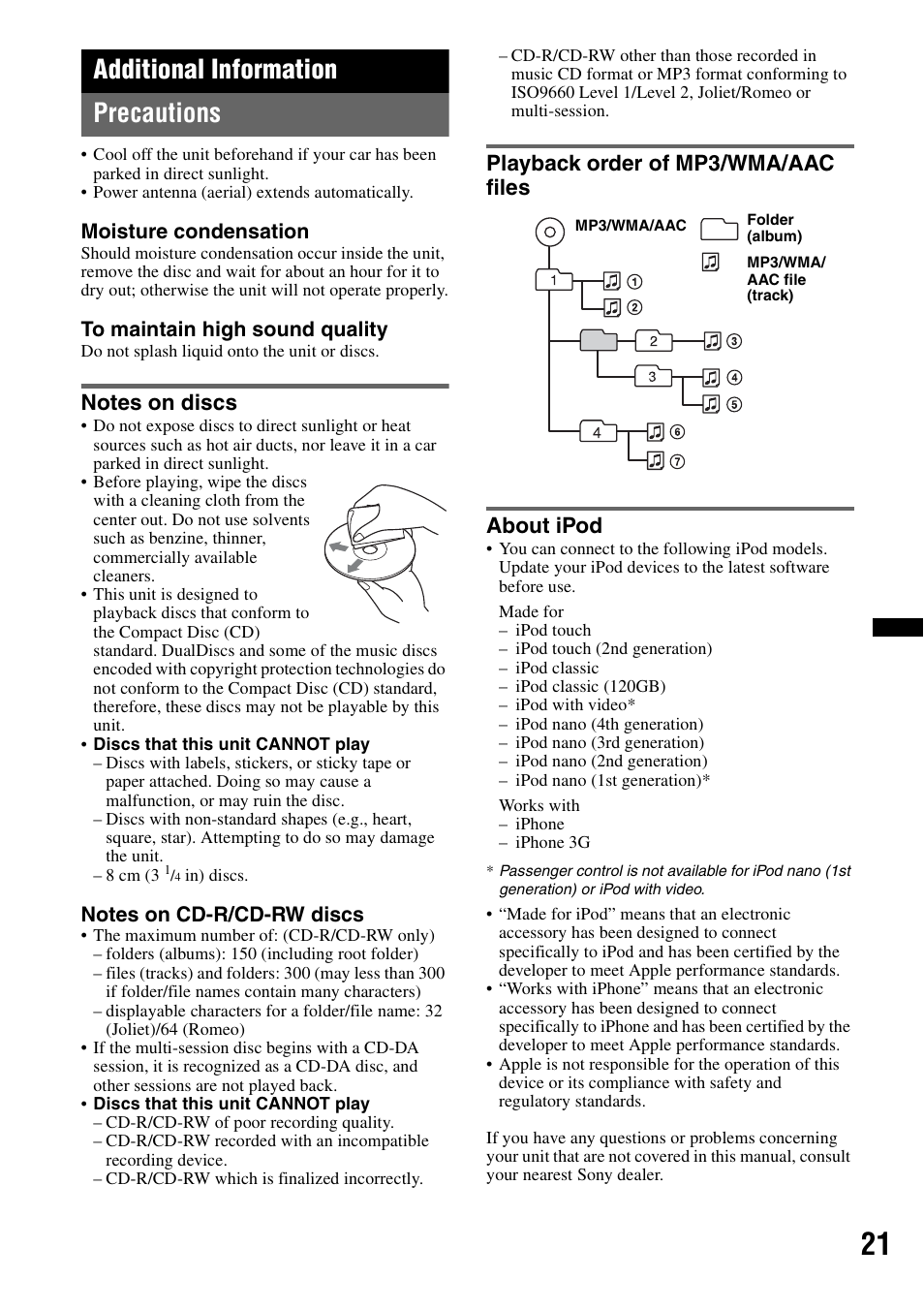 Additional information, Precautions, Notes on discs | Playback order of mp3/wma/aac files, About ipod, Additional information precautions, Playback order of mp3/wma/aac files about ipod | Sony CDX-GT640UI User Manual | Page 21 / 140