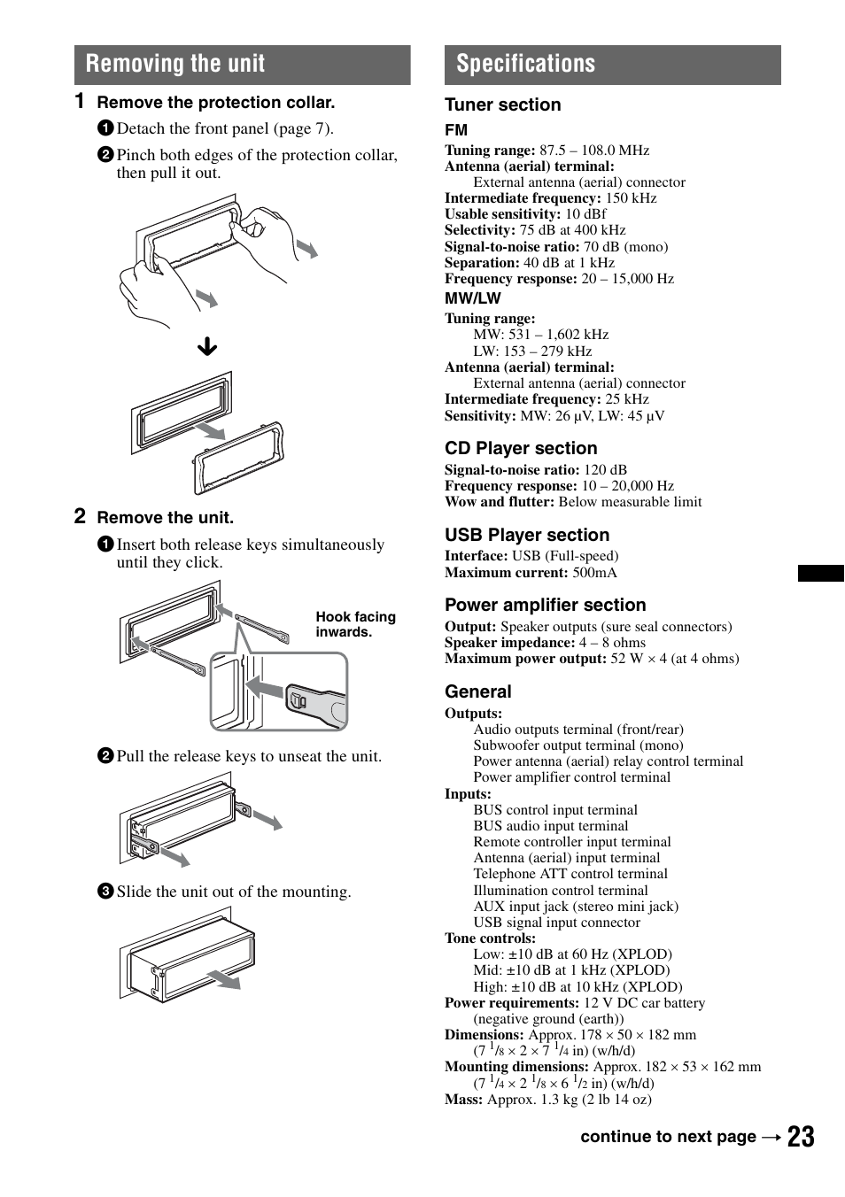 Removing the unit, Specifications, Removing the unit specifications | Sony CDX-GT640UI User Manual | Page 23 / 140