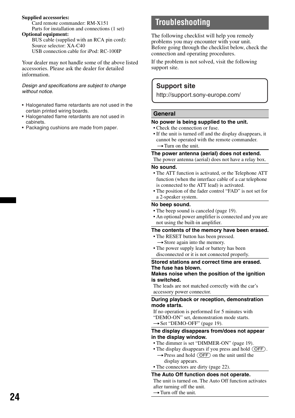 Troubleshooting, Support site | Sony CDX-GT640UI User Manual | Page 24 / 140