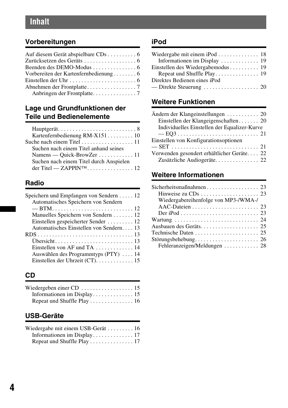 Inhalt | Sony CDX-GT640UI User Manual | Page 30 / 140