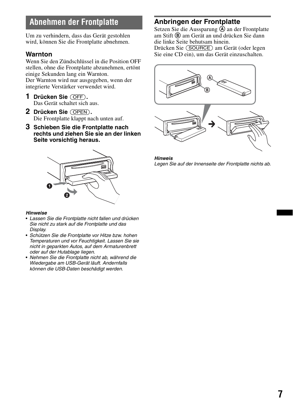 Abnehmen der frontplatte, Anbringen der frontplatte, Seite 7) | Sony CDX-GT640UI User Manual | Page 33 / 140