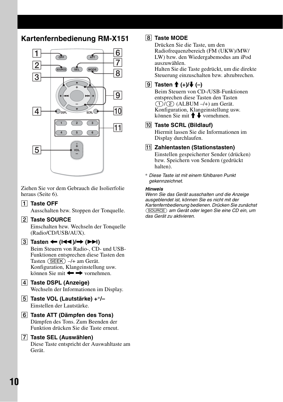 Kartenfernbedienung rm-x151 | Sony CDX-GT640UI User Manual | Page 36 / 140