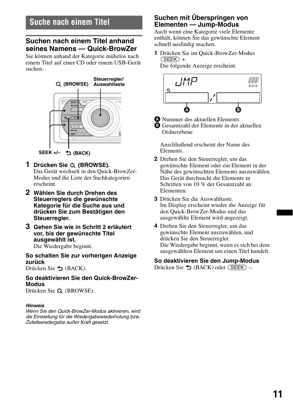 Suche nach einem titel, Seite 11 | Sony CDX-GT640UI User Manual | Page 37 / 140