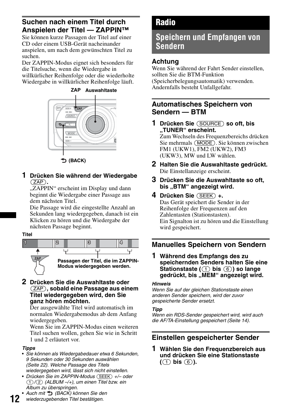 Radio, Speichern und empfangen von sendern, Automatisches speichern von sendern - btm | Manuelles speichern von sendern, Einstellen gespeicherter sender, Seite 12, Radio speichern und empfangen von sendern, Automatisches speichern von sendern — btm | Sony CDX-GT640UI User Manual | Page 38 / 140