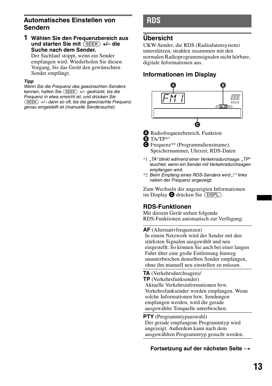 Automatisches einstellen von sendern, Übersicht, Seite 13 | Sony CDX-GT640UI User Manual | Page 39 / 140