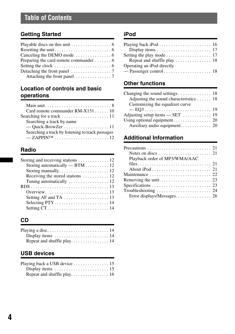 Sony CDX-GT640UI User Manual | Page 4 / 140