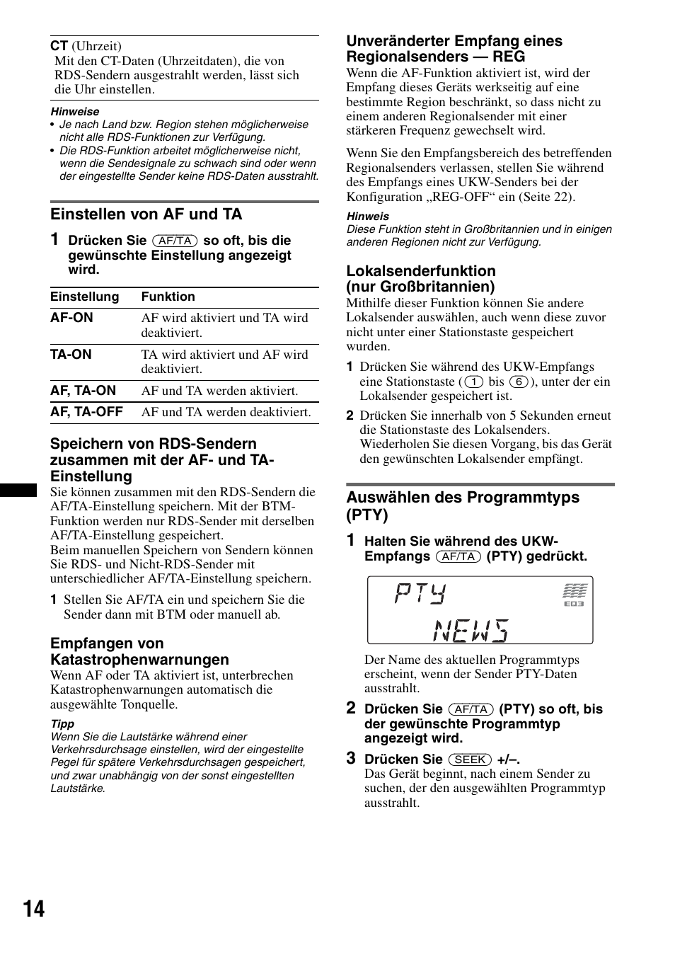 Einstellen von af und ta, Auswählen des programmtyps (pty), Seite 14 | Sony CDX-GT640UI User Manual | Page 40 / 140