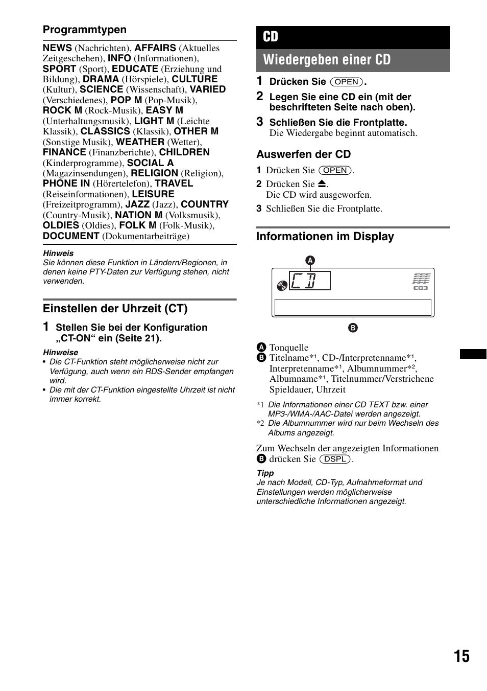 Einstellen der uhrzeit (ct), Wiedergeben einer cd, Informationen im display | Seite 15), Cd wiedergeben einer cd | Sony CDX-GT640UI User Manual | Page 41 / 140