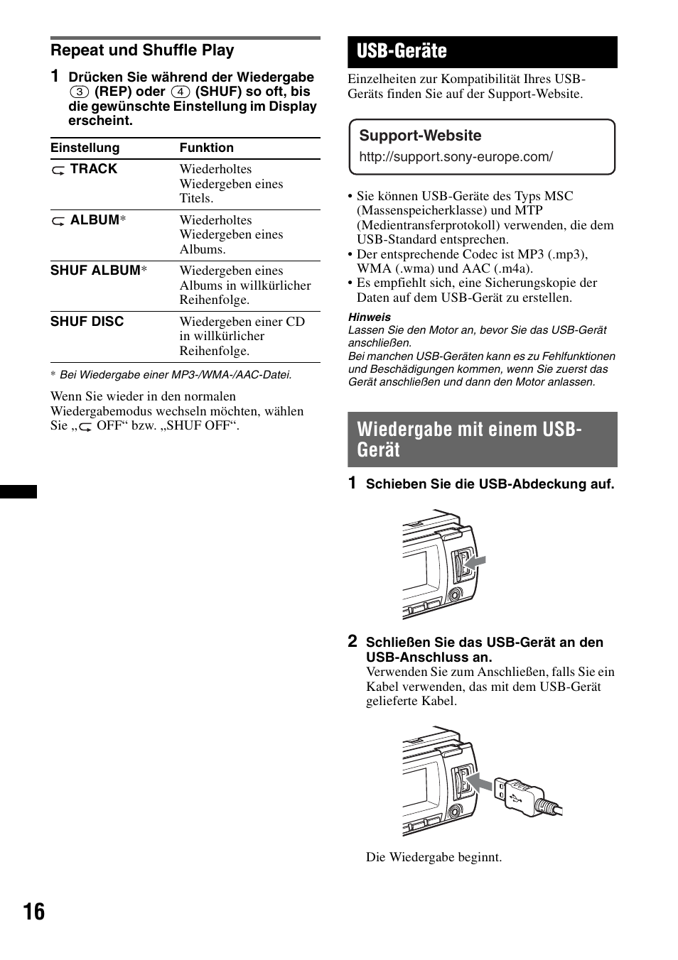 Repeat und shuffle play, Usb-geräte, Wiedergabe mit einem usb- gerät | Wiedergabe mit einem usb-gerät, Seite 16, 1, Seite 16 | Sony CDX-GT640UI User Manual | Page 42 / 140