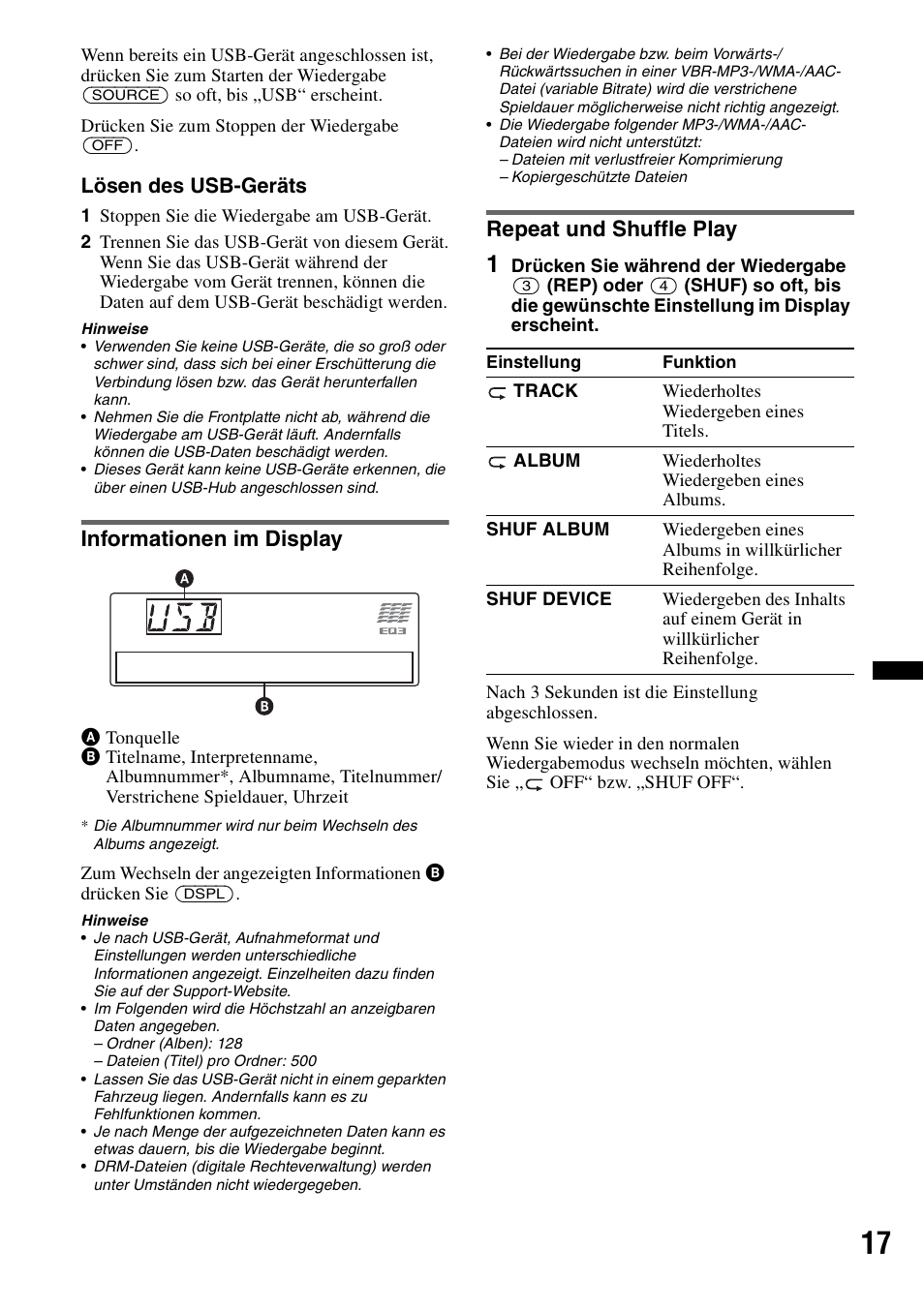 Informationen im display, Repeat und shuffle play, Informationen im display repeat und shuffle play | Sony CDX-GT640UI User Manual | Page 43 / 140