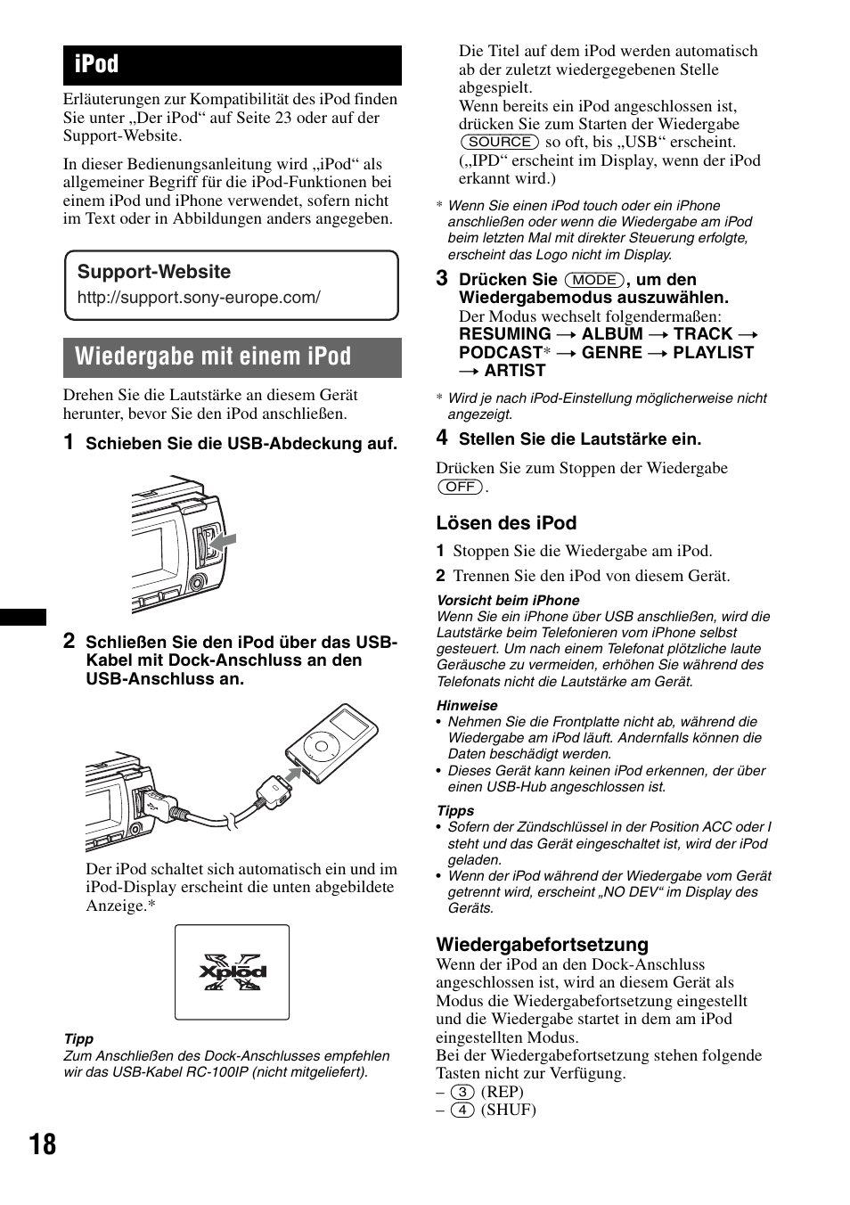 Ipod, Wiedergabe mit einem ipod, Lösen des ipod | Wiedergabefortsetzung, Support-website | Sony CDX-GT640UI User Manual | Page 44 / 140