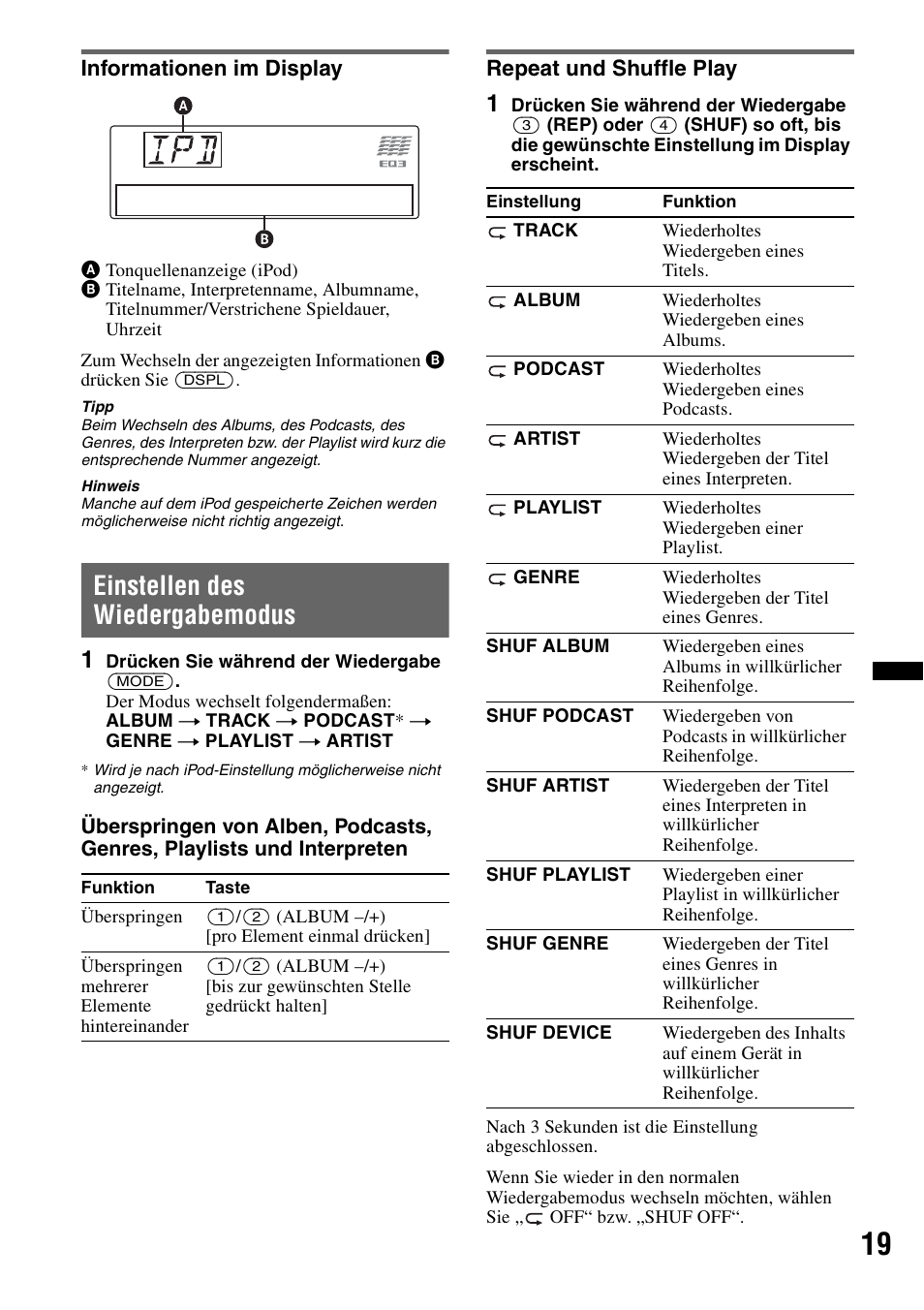 Informationen im display, Einstellen des wiedergabemodus, Repeat und shuffle play | Sony CDX-GT640UI User Manual | Page 45 / 140