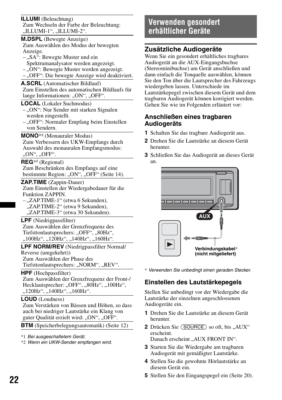 Verwenden gesondert erhältlicher geräte, Zusätzliche audiogeräte, Seite 22 | Seite 22) | Sony CDX-GT640UI User Manual | Page 48 / 140