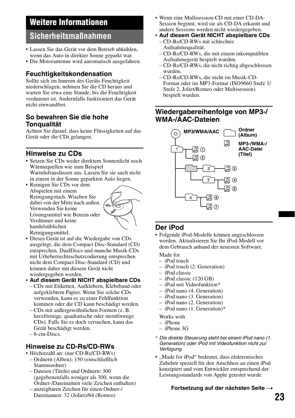 Weitere informationen, Sicherheitsmaßnahmen, Hinweise zu cds | Wiedergabereihenfolge von mp3-/ wma-/aac-dateien, Der ipod, Seite 23, Weitere informationen sicherheitsmaßnahmen | Sony CDX-GT640UI User Manual | Page 49 / 140