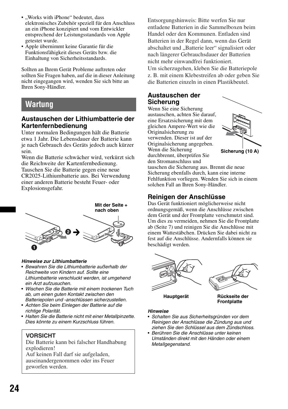 Wartung, Seite 24 | Sony CDX-GT640UI User Manual | Page 50 / 140