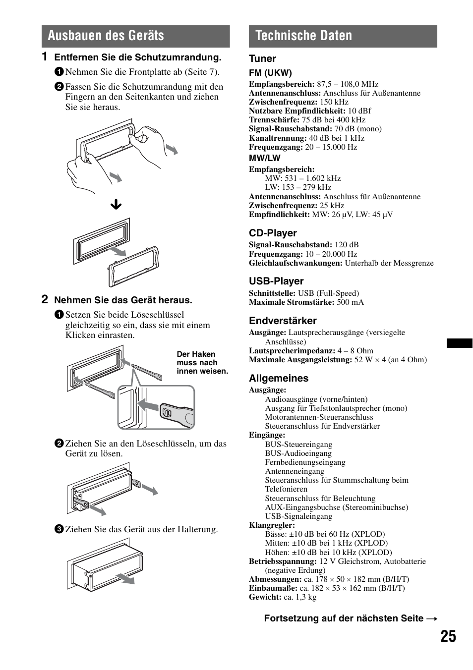 Ausbauen des geräts, Technische daten, Ausbauen des geräts technische daten | Sony CDX-GT640UI User Manual | Page 51 / 140