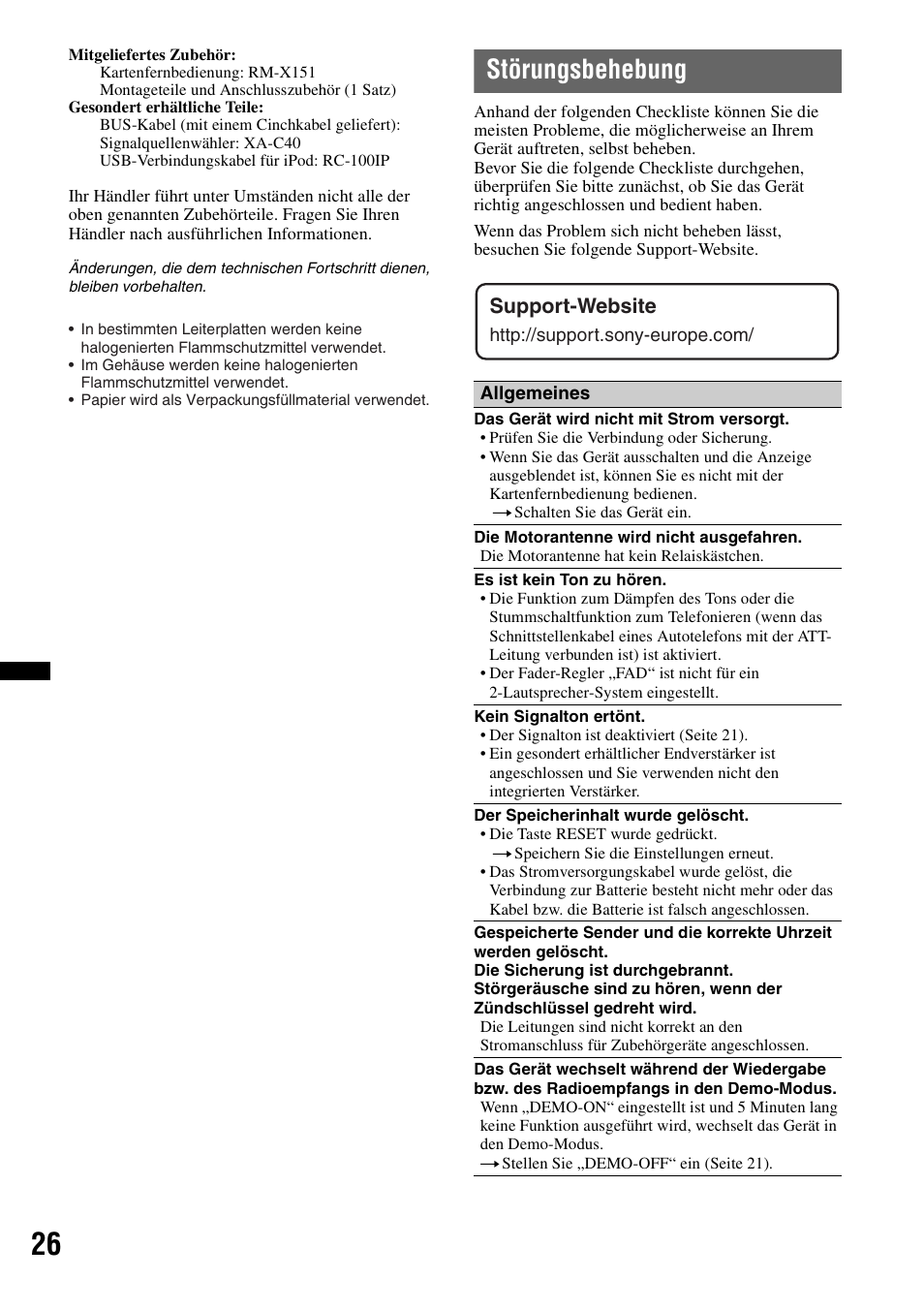 Störungsbehebung, Support-website | Sony CDX-GT640UI User Manual | Page 52 / 140