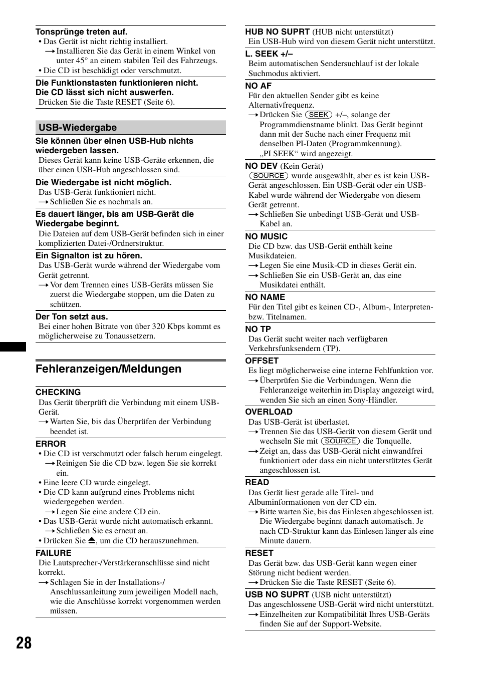 Fehleranzeigen/meldungen | Sony CDX-GT640UI User Manual | Page 54 / 140