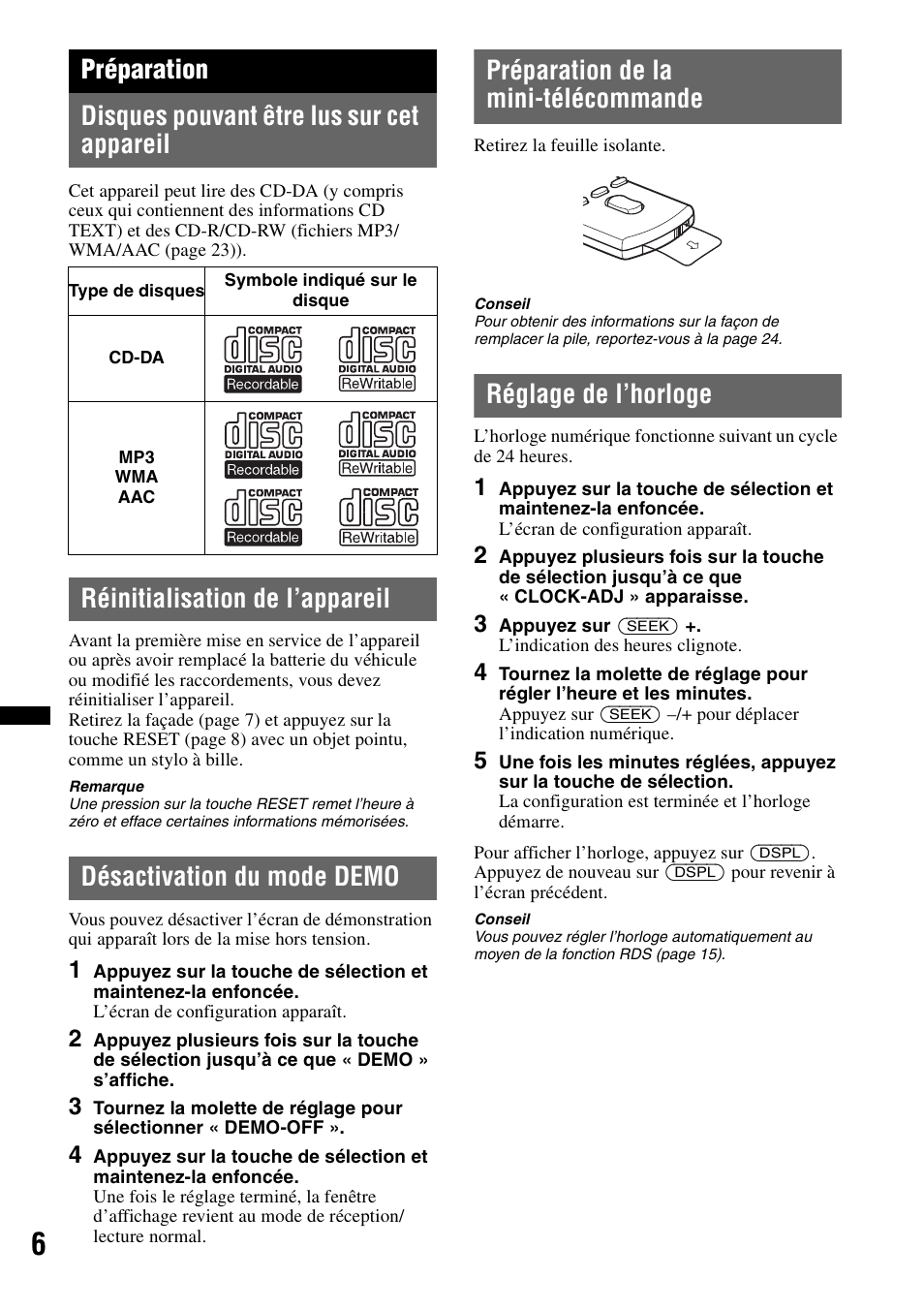 Préparation, Disques pouvant être lus sur cet appareil, Réinitialisation de l’appareil | Désactivation du mode demo, Préparation de la mini-télécommande, Réglage de l’horloge | Sony CDX-GT640UI User Manual | Page 60 / 140