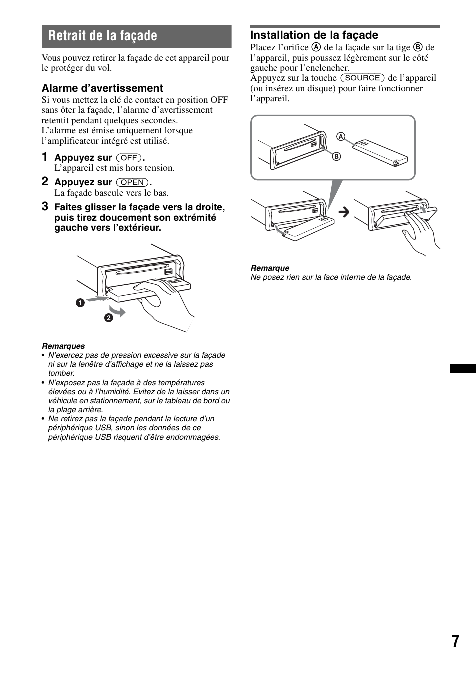 Retrait de la façade, Installation de la façade | Sony CDX-GT640UI User Manual | Page 61 / 140