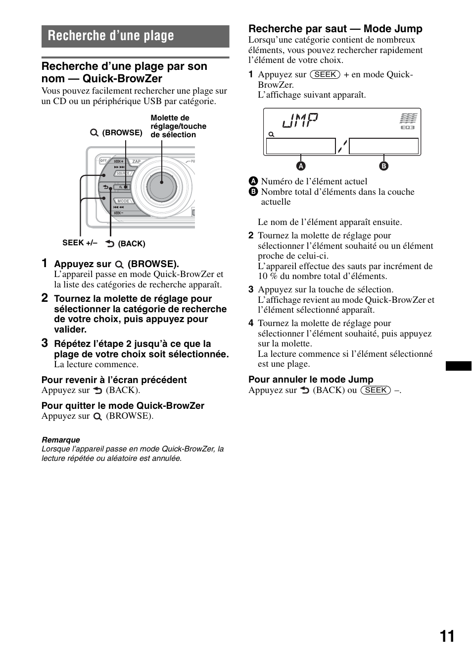 Recherche d’une plage, Recherche d’une plage par son nom - quick-browzer, Recherche d’une plage par son nom — quick-browzer | Sony CDX-GT640UI User Manual | Page 65 / 140