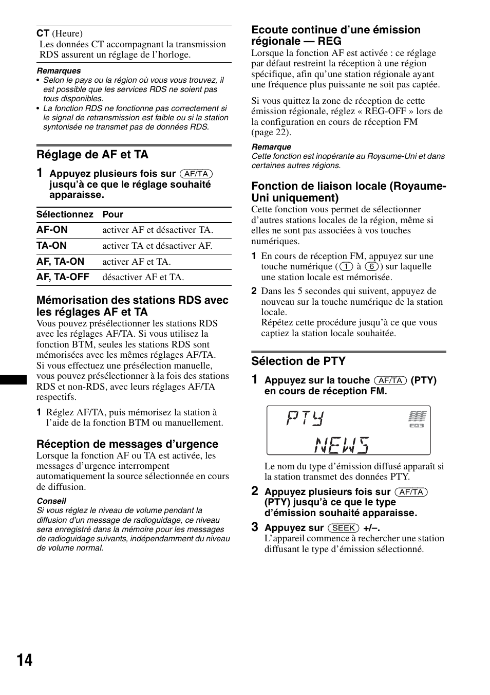 Réglage de af et ta, Sélection de pty, Réglage de af et ta sélection de pty | Sony CDX-GT640UI User Manual | Page 68 / 140