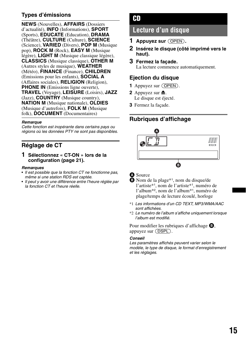 Réglage de ct, Lecture d’un disque, Rubriques d’affichage | Cd lecture d’un disque | Sony CDX-GT640UI User Manual | Page 69 / 140