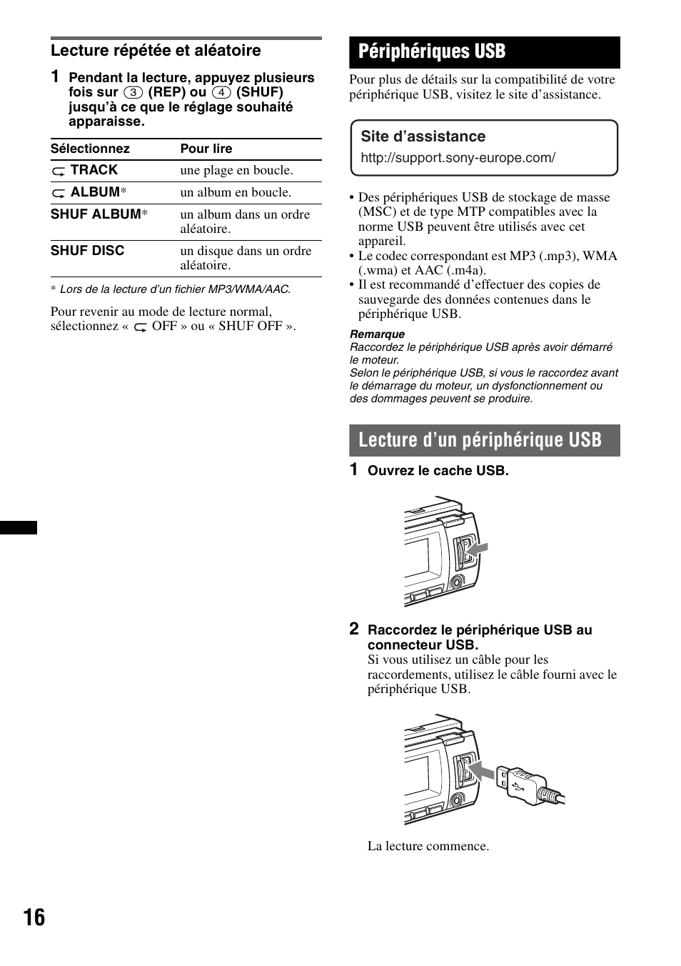 Lecture répétée et aléatoire, Périphériques usb, Lecture d’un périphérique usb | Sony CDX-GT640UI User Manual | Page 70 / 140