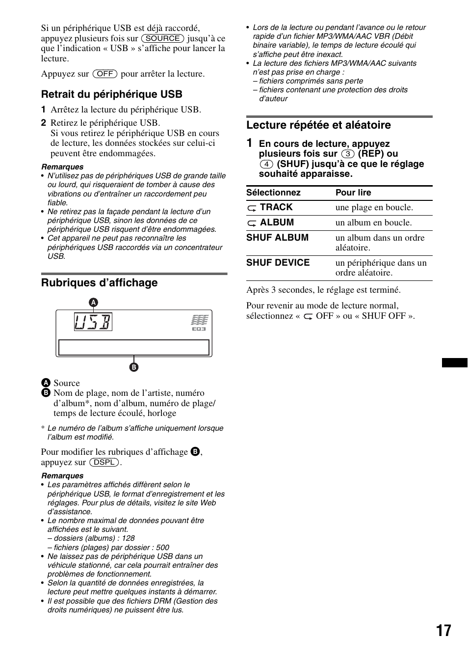 Rubriques d’affichage, Lecture répétée et aléatoire, Rubriques d’affichage lecture répétée et aléatoire | Sony CDX-GT640UI User Manual | Page 71 / 140