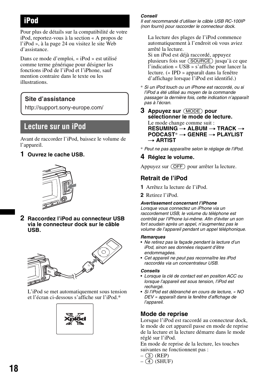 Ipod, Lecture sur un ipod, Retrait de l’ipod | Mode de reprise, Site d’assistance | Sony CDX-GT640UI User Manual | Page 72 / 140