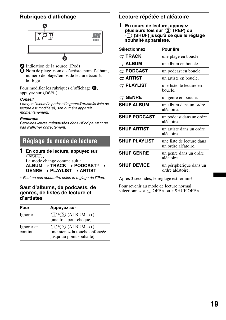 Rubriques d’affichage, Réglage du mode de lecture, Lecture répétée et aléatoire | Sony CDX-GT640UI User Manual | Page 73 / 140