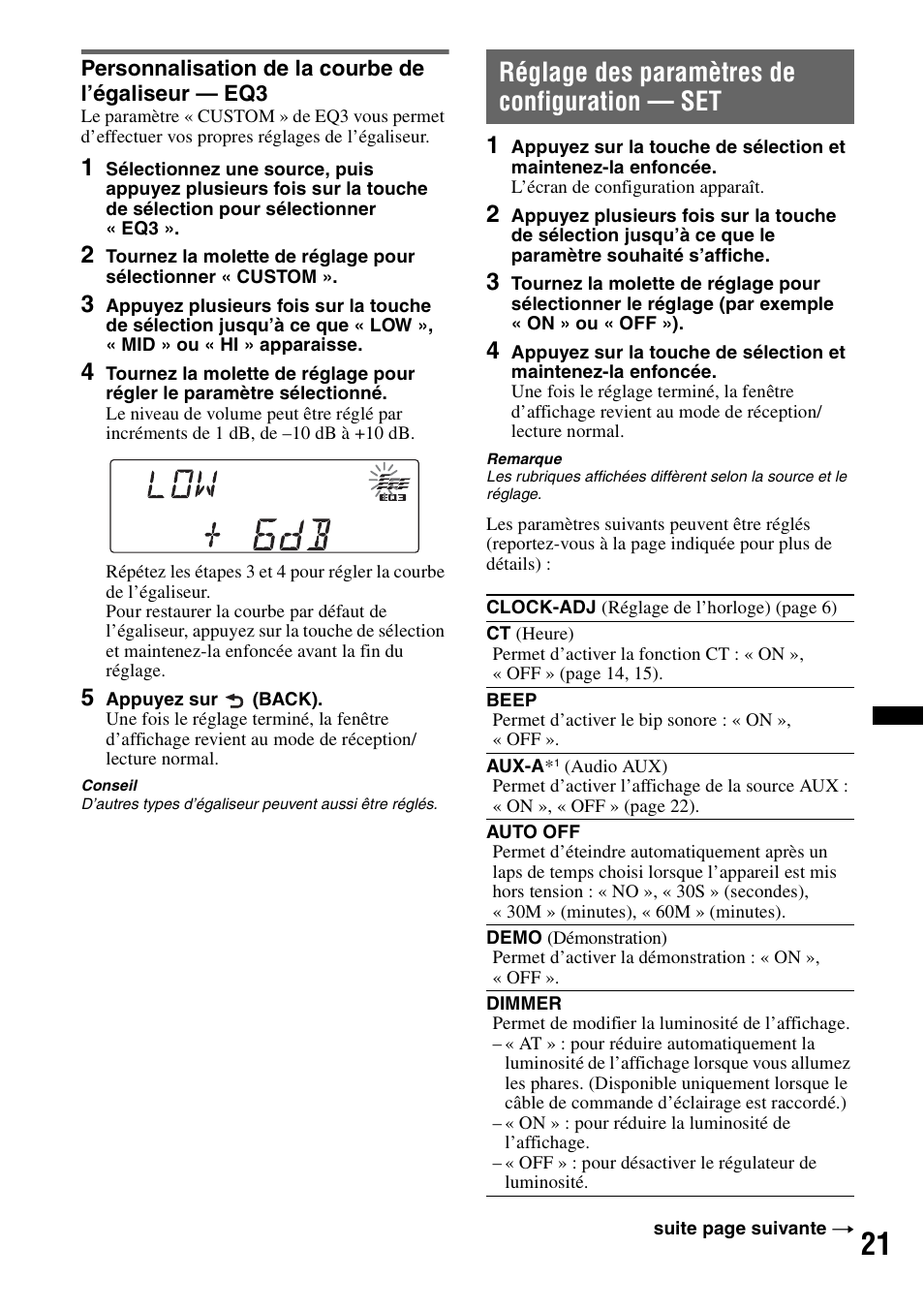 Personnalisation de la courbe de l’égaliseur - eq3, Réglage des paramètres de configuration - set, Personnalisation de la courbe de l’égaliseur — eq3 | Réglage des paramètres de configuration — set | Sony CDX-GT640UI User Manual | Page 75 / 140