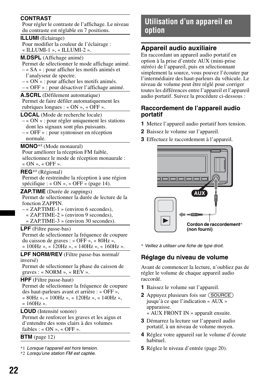 Utilisation d’un appareil en option, Appareil audio auxiliaire | Sony CDX-GT640UI User Manual | Page 76 / 140