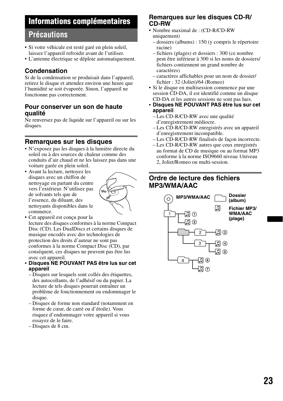 Informations complémentaires, Précautions, Remarques sur les disques | Ordre de lecture des fichiers mp3/wma/aac, Informations complémentaires précautions | Sony CDX-GT640UI User Manual | Page 77 / 140