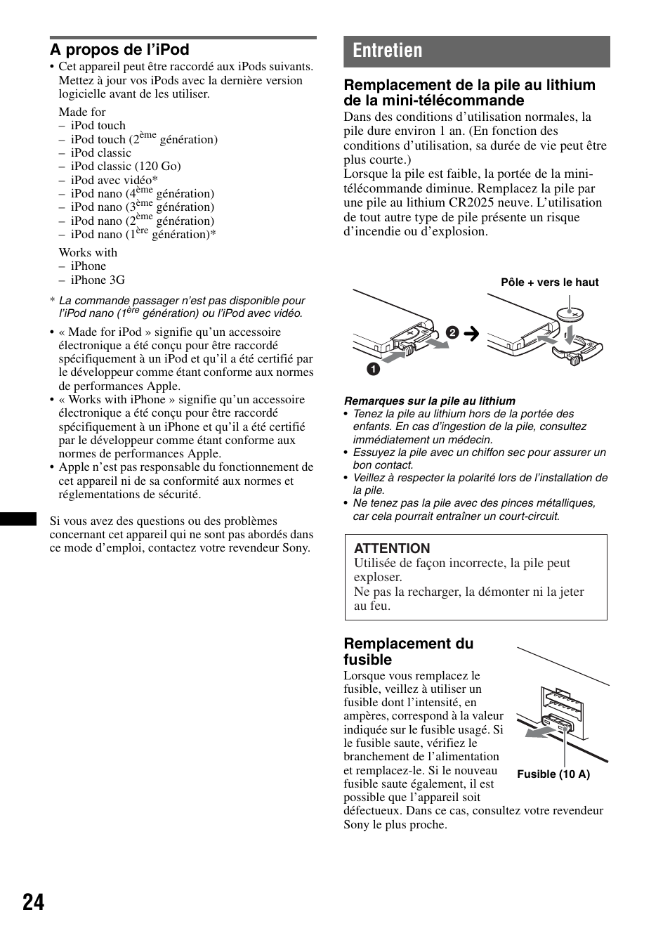 A propos de l’ipod, Entretien, Remplacement du fusible | Sony CDX-GT640UI User Manual | Page 78 / 140