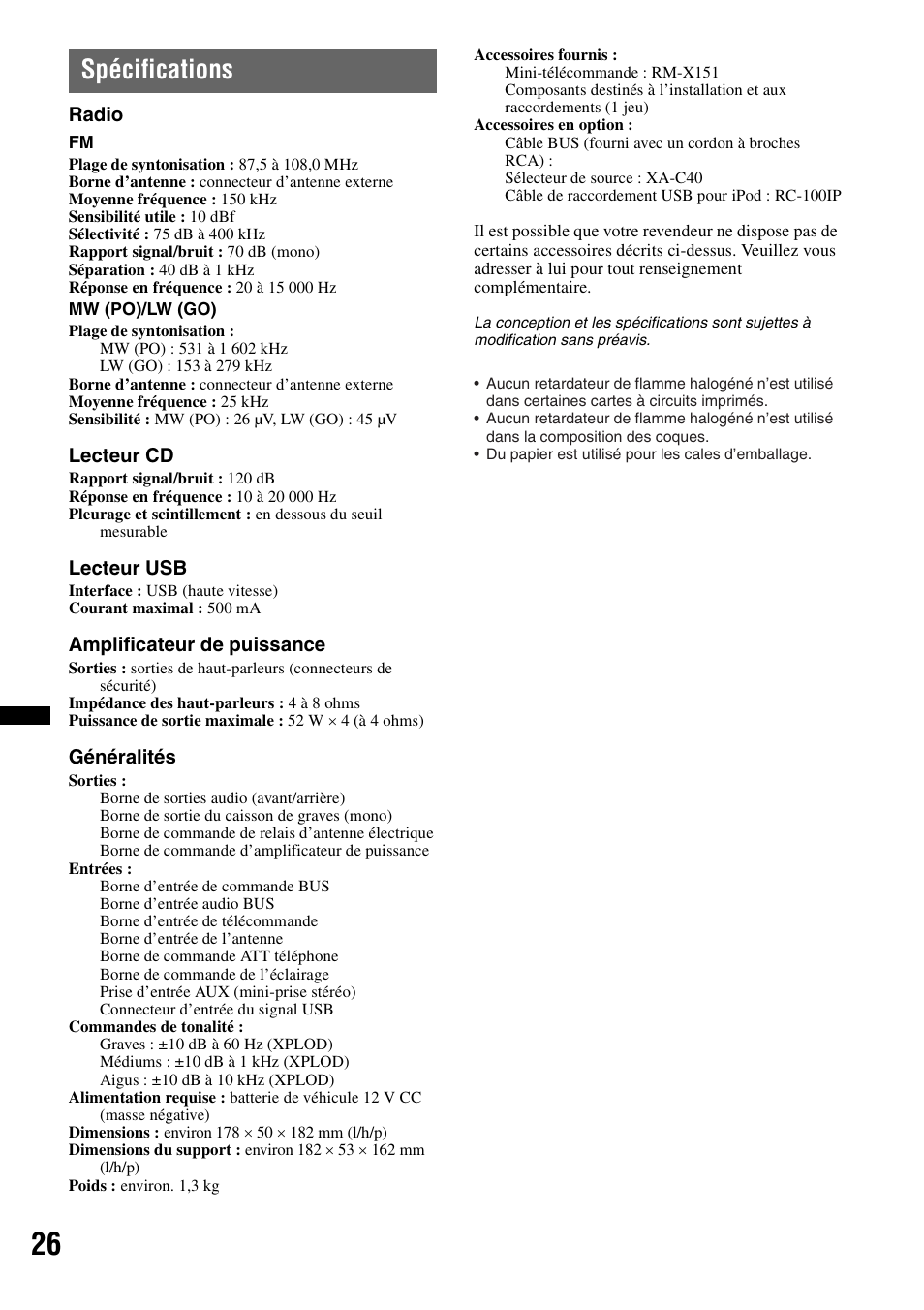 Spécifications | Sony CDX-GT640UI User Manual | Page 80 / 140