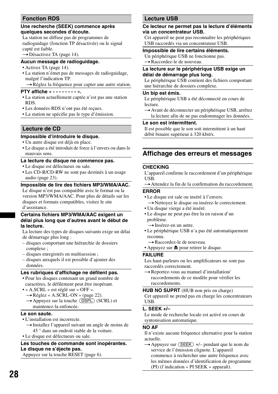 Affichage des erreurs et messages | Sony CDX-GT640UI User Manual | Page 82 / 140