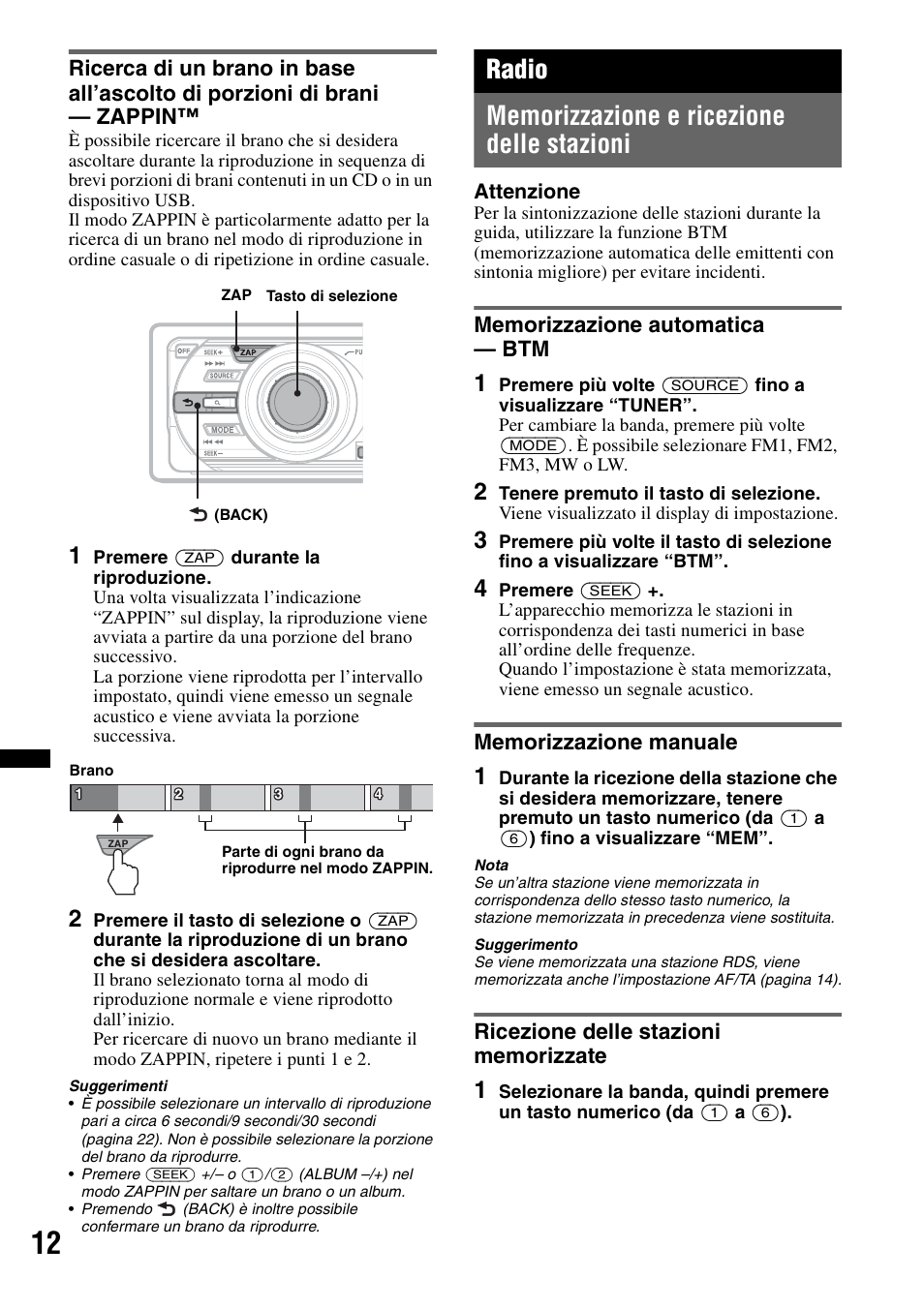 Radio, Memorizzazione e ricezione delle stazioni, Memorizzazione automatica - btm | Memorizzazione manuale, Ricezione delle stazioni memorizzate | Sony CDX-GT640UI User Manual | Page 94 / 140