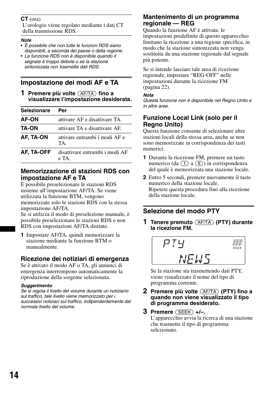 Impostazione dei modi af e ta, Selezione del modo pty | Sony CDX-GT640UI User Manual | Page 96 / 140
