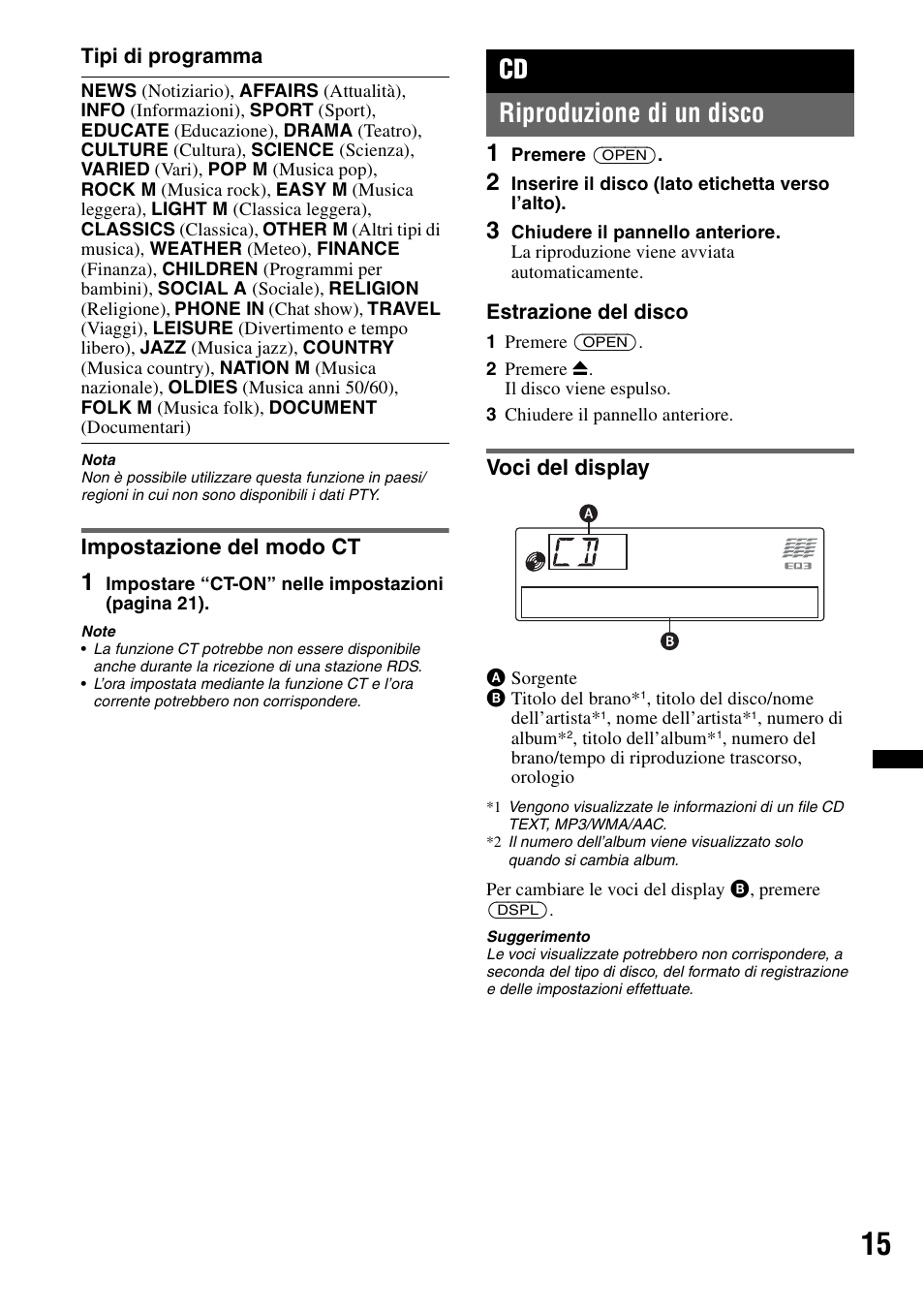 Impostazione del modo ct, Riproduzione di un disco, Voci del display | Cd riproduzione di un disco | Sony CDX-GT640UI User Manual | Page 97 / 140