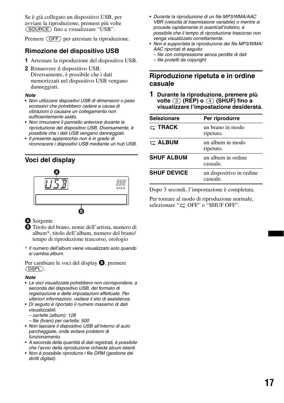 Voci del display, Riproduzione ripetuta e in ordine casuale | Sony CDX-GT640UI User Manual | Page 99 / 140