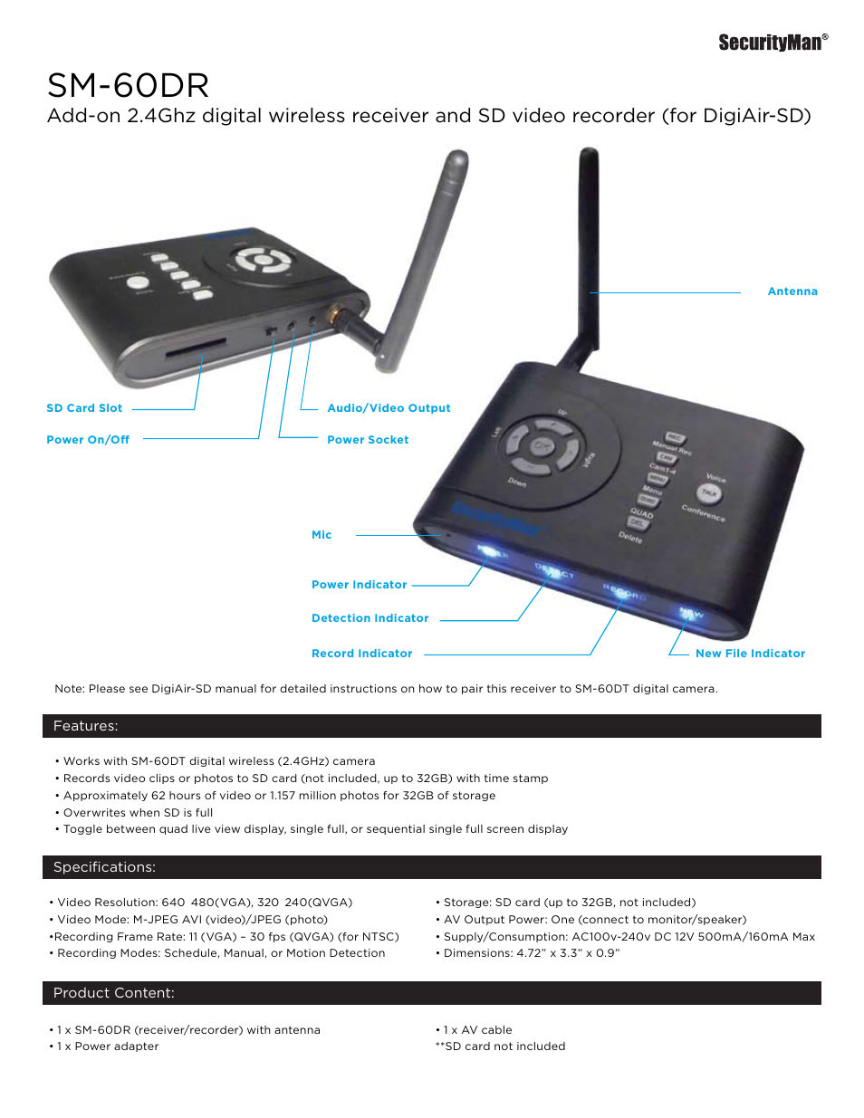 SecurityMan SM-60DR User Manual | 1 page