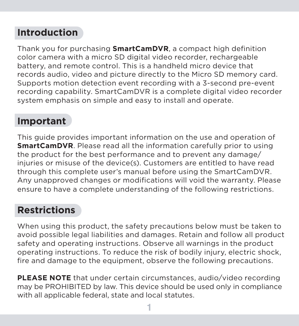 1introduction, Important, Restrictions | SecurityMan SmartCamDVR - User manual User Manual | Page 5 / 42