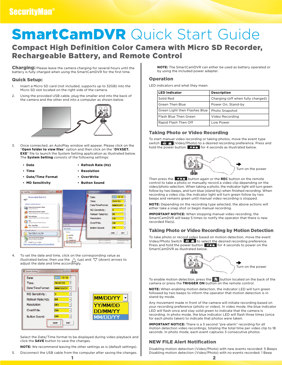 SecurityMan SmartCamDVR - Quick Start Guide User Manual | 1 page