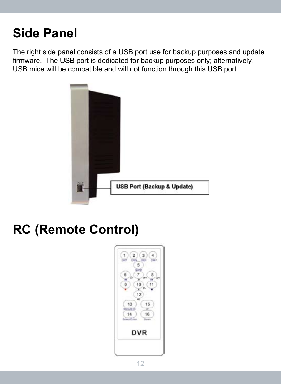 Side panel, Rc (remote control) | SecurityMan LCDDVR4 User Manual | Page 18 / 78