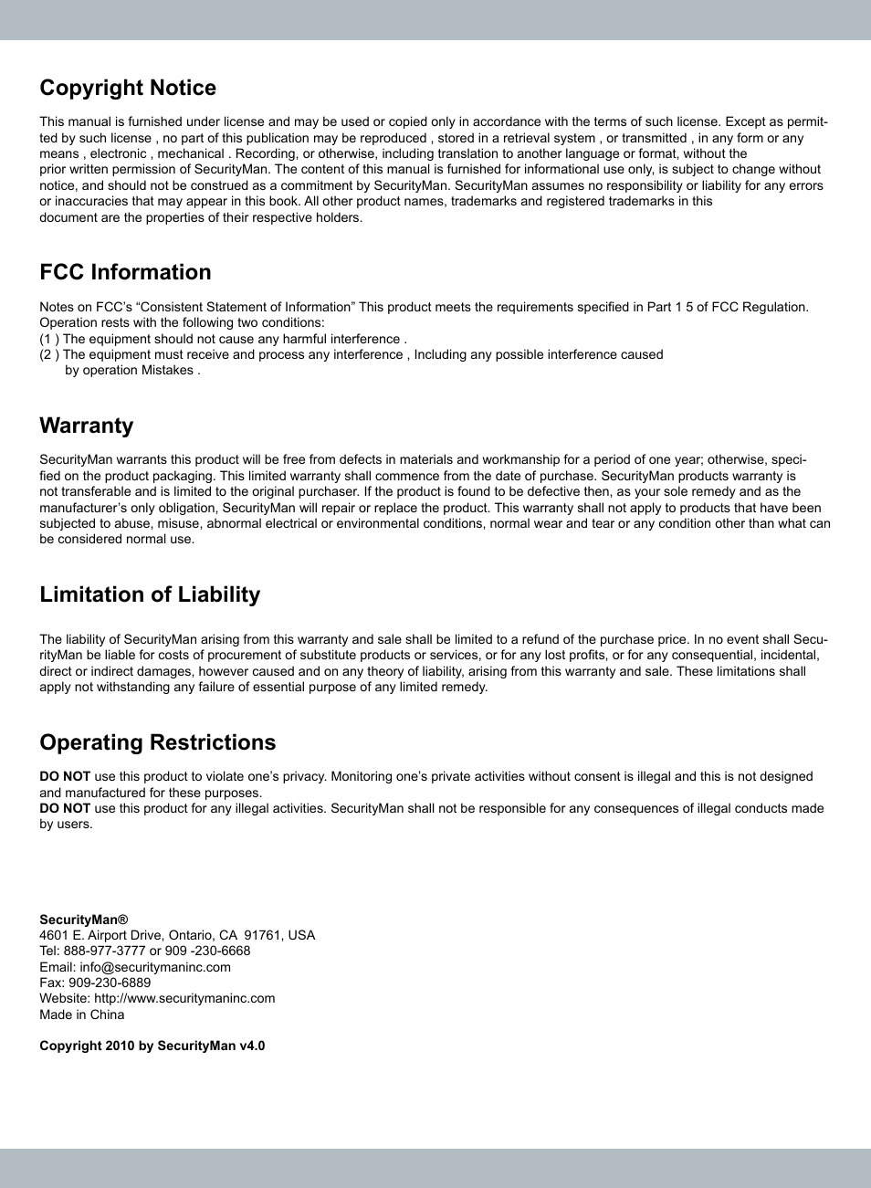 Copyright notice, Fcc information, Warranty | Limitation of liability, Operating restrictions | SecurityMan LCDDVR4 User Manual | Page 2 / 78